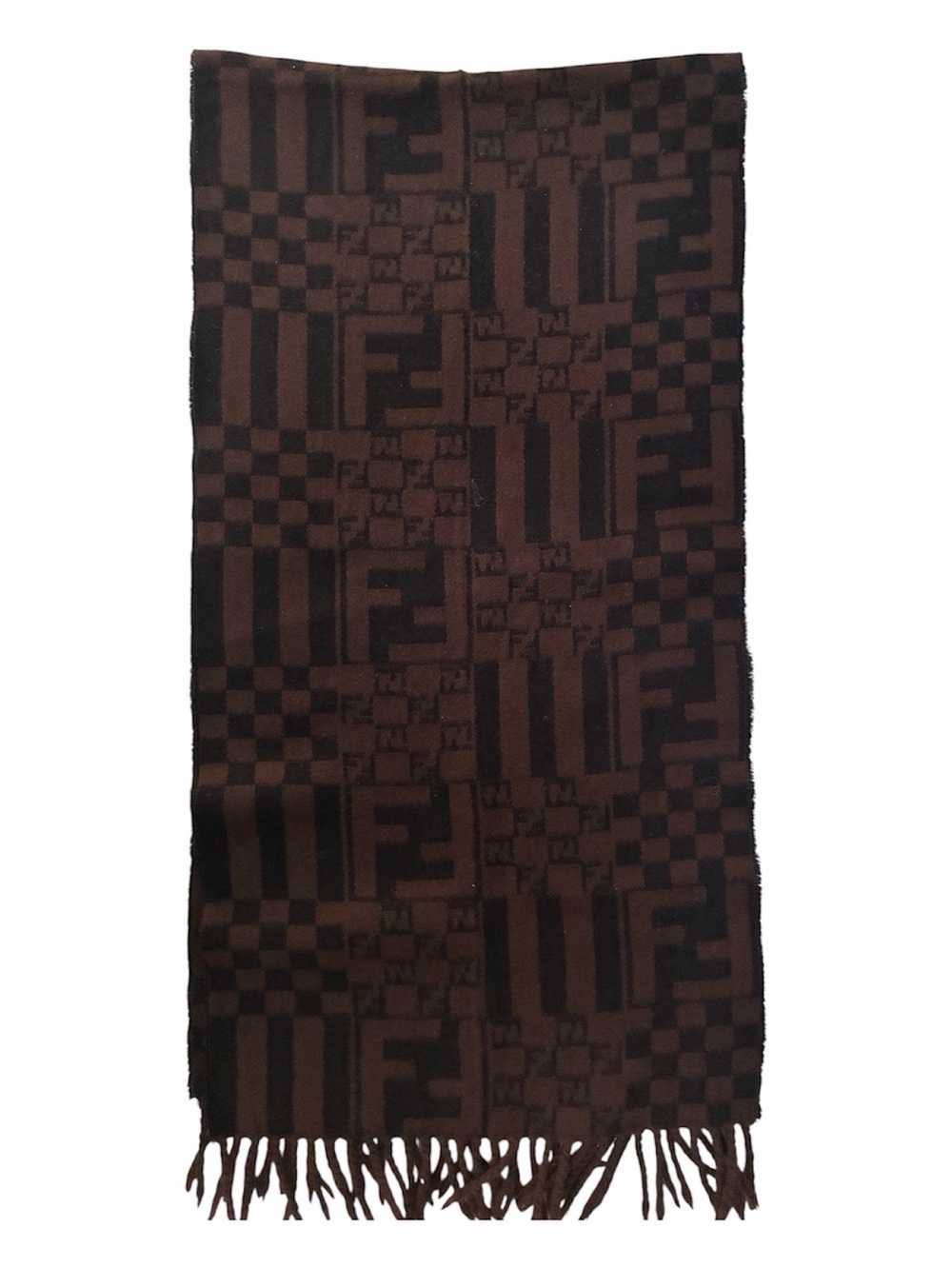 Fendi Wool Brown & Black Monogram Fringe Scarf - Picture 3 of 3